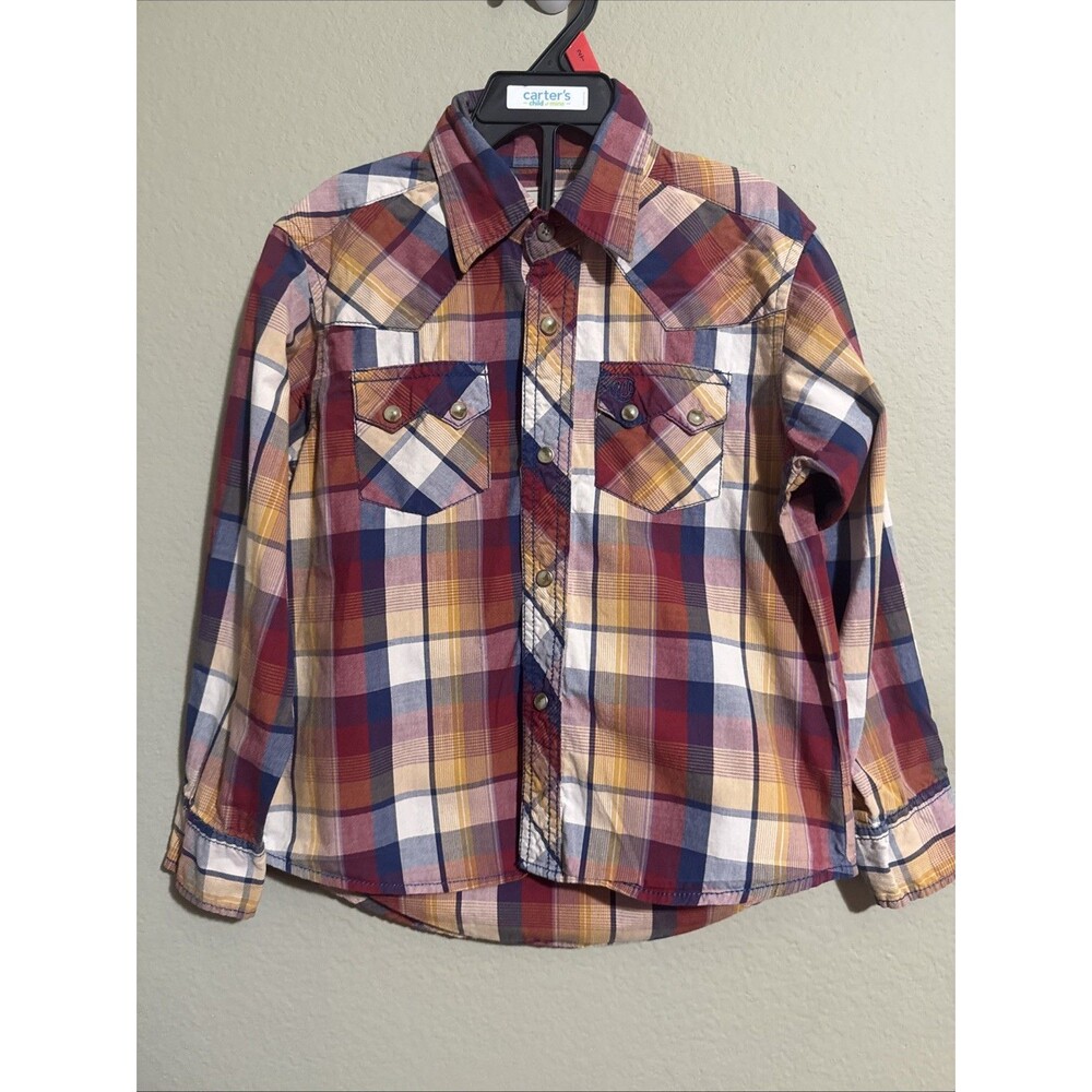 Wrangler Boys Western Plaid Pearl Snap Shirt Long Sleeve Sz Small S 5/6 Red-Blue